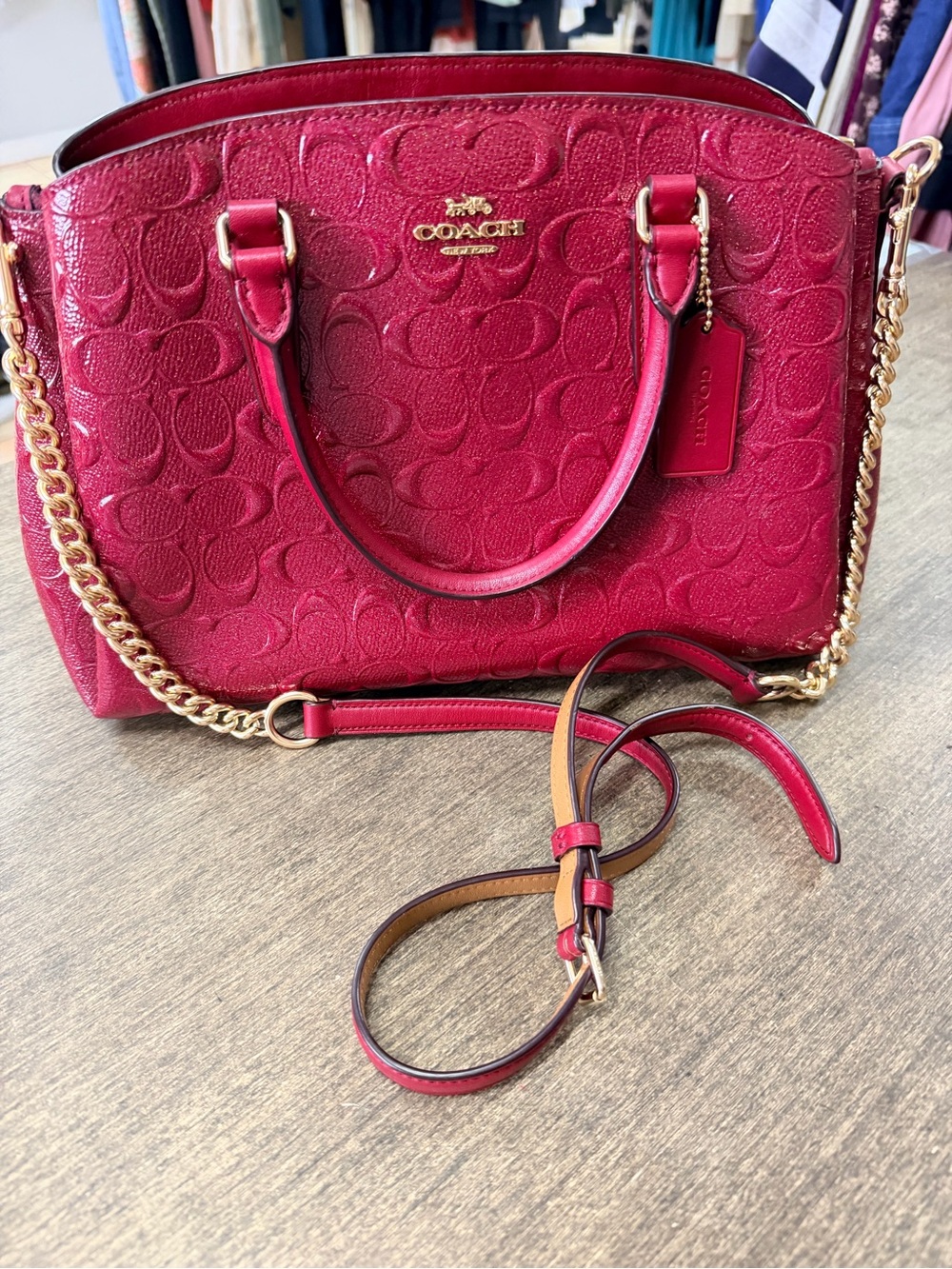 Coach Signature Embossed Patent leather crossbody bag wine red